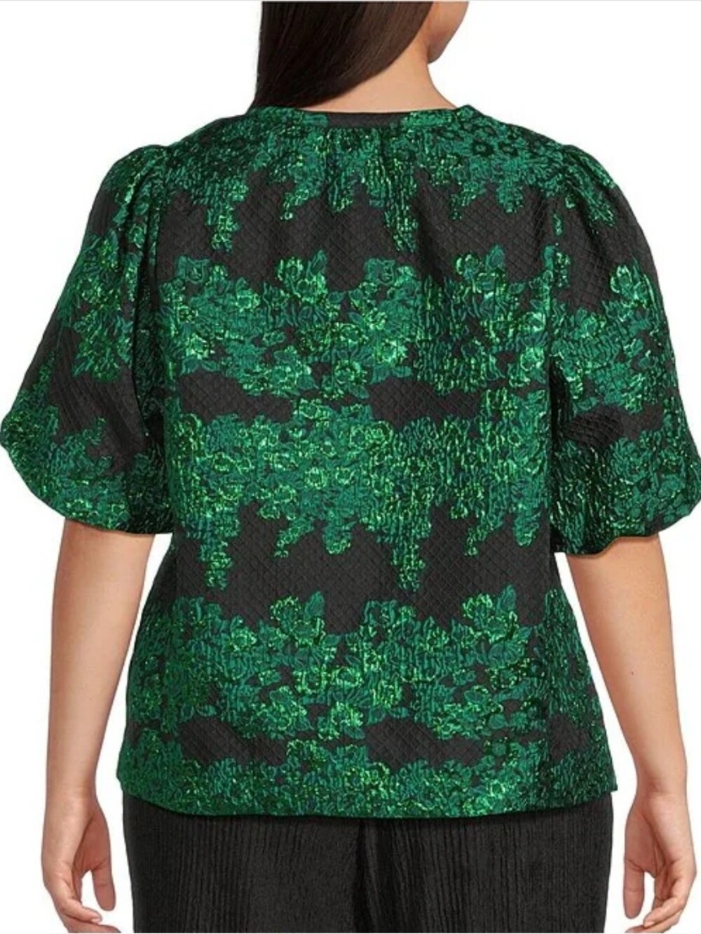 Sugarlips Elyna Floral Jacquard Alena Split V-Neck Puff Sleeves Pullover Top 3X - Picture 2 of 4